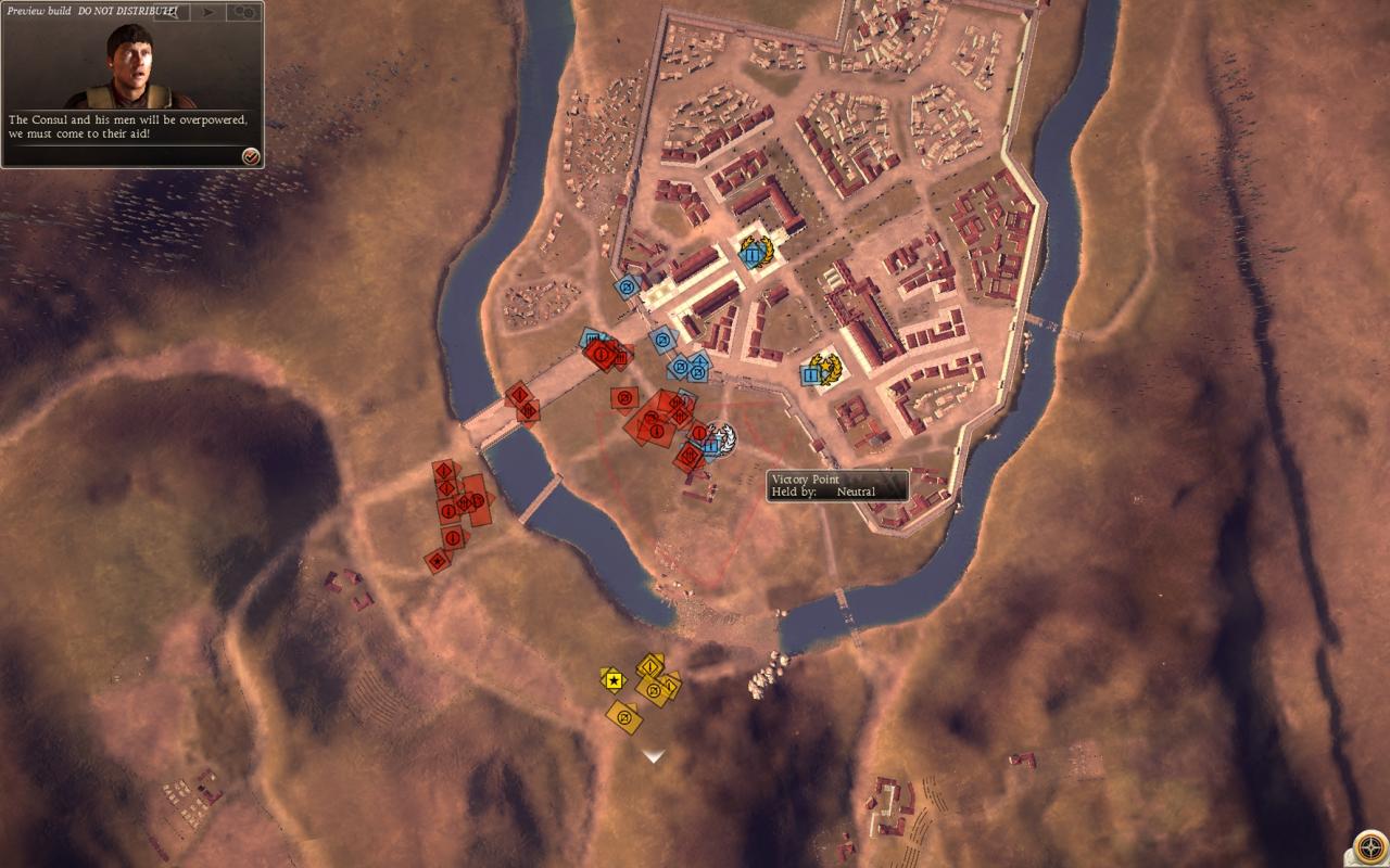 [01/08/2013] Total War: Rome 2 in der Vorschau - Bei den Echtzeit-Schlachten sieht man das Gelände von oben, alle Einheiten werden als farbige Rechtecke mit passenden Symbolen dargestellt.