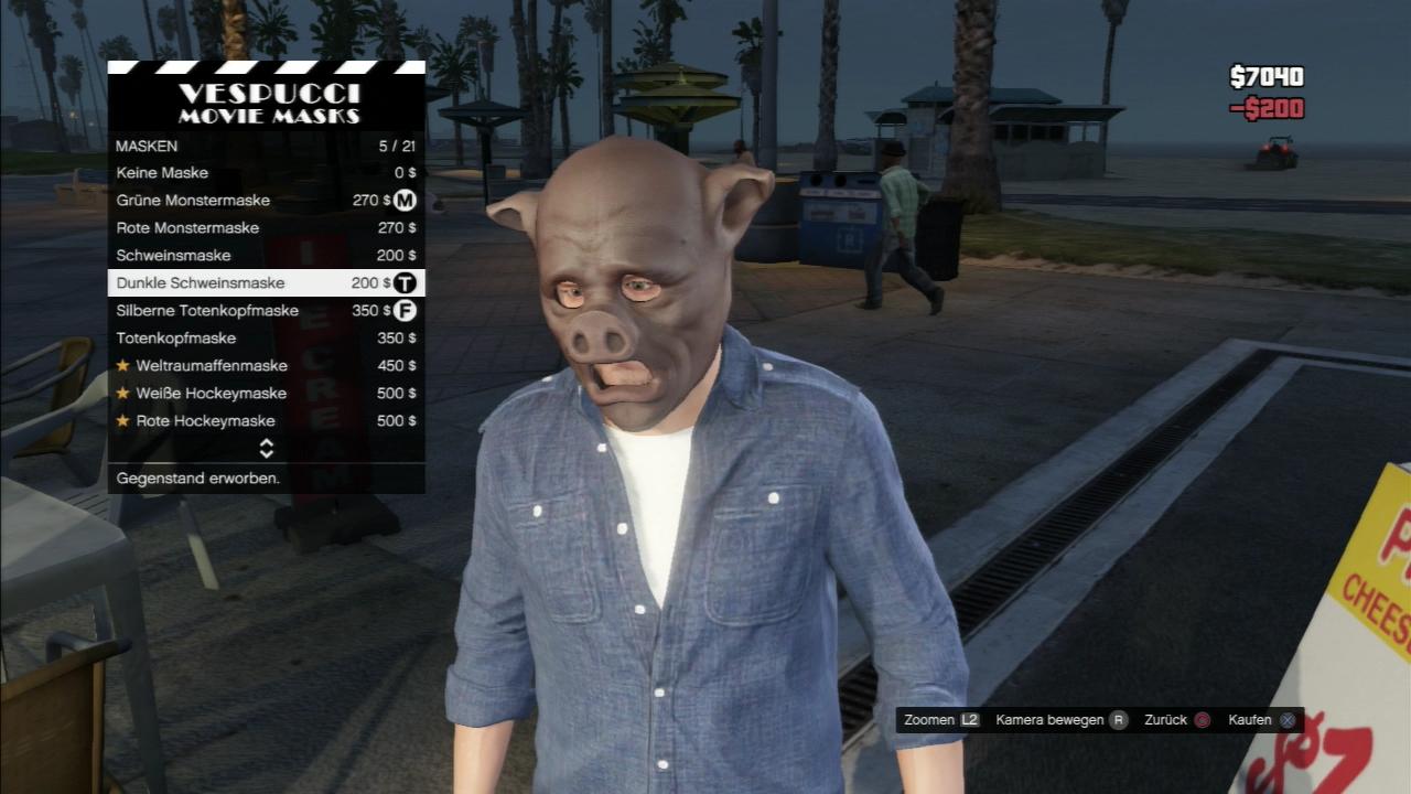 [26/09/2013] GTA V - Das Spiel unbegrenzter und meist unmoralischer Möglichkeiten. So kann man sich natürlich auch einen Haufen Masken kaufen. Darunter so einiges an Tiermasken, was überhaupt nicht gruselig und seltsam ist, wenn man sich so was an einem menschlichen Körper vorstellt!