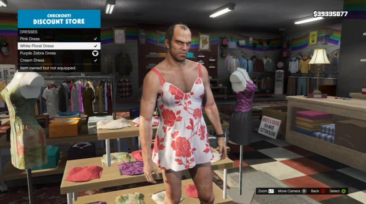 [08/10/2013] Trevor Philips ist nicht unbedingt der Typ Mensch, den man gerne zu seinen Freunden zählt. Der drogensüchtige und psychisch labile Ganove aus GTA 5 legt eine hohe Gewaltbereitschaft an den Tag. Umso lustiger ist es, dass man den Gangster öfters dabei ertappt, wie er in Frauenkleidern aus einem Nachtclub stapft. Außerdem könnt ihr in einigen Geschäften Kleidung erwerben, die Trevors feminine Seite unterstreichen.