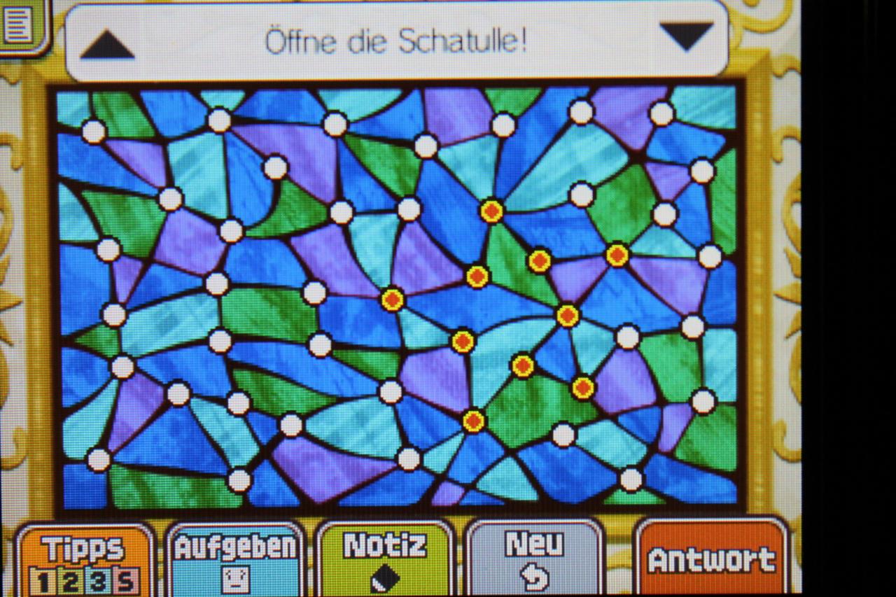 [08/11/2013] Professor Layton und das Vermächtnis von Aslant: Hier seht ihr, welche Punkte markiert werden müssen, um Rätsel 031: Für die Liebe! zu vollenden.