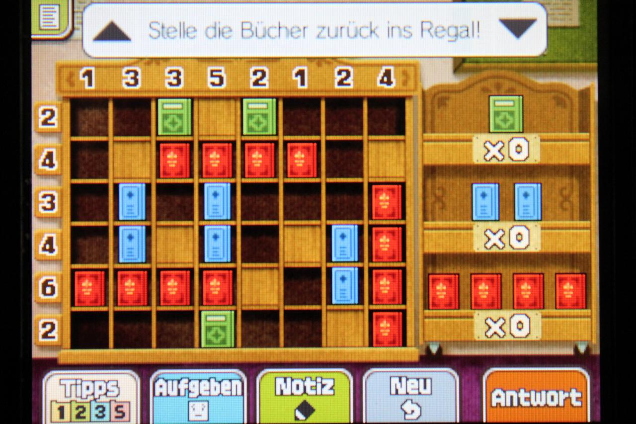 [08/11/2013] Professor Layton und das Vermächtnis von Aslant: Um Rätsel 032: In bester Ordnung zu vollenden, müsst ihr die Bücher wie auf der gezeigten Grafik anordnen.