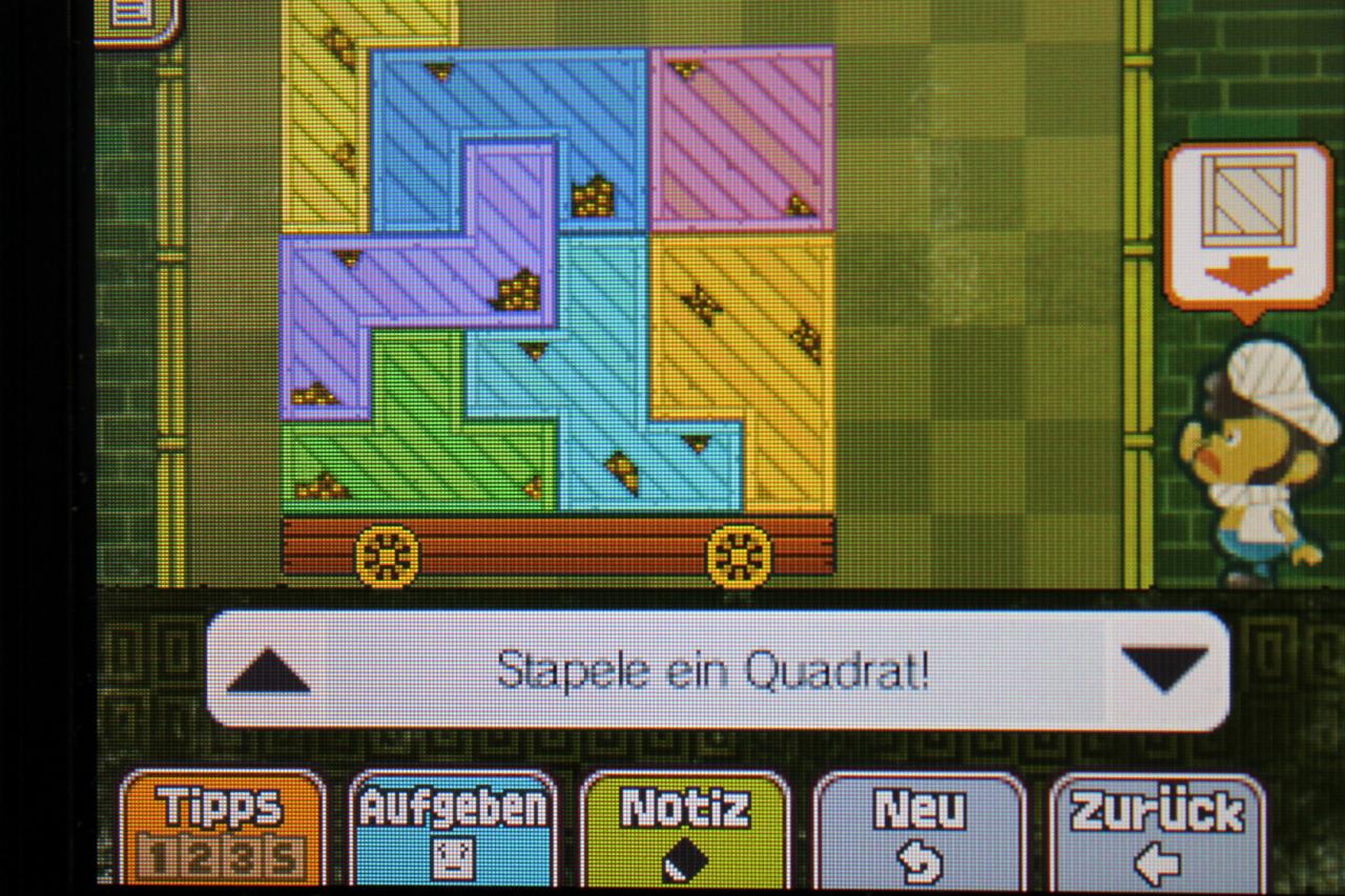 [11/11/2013] Professor Layton und das Vermächtnis von Aslant: Damit ihr Rätsel 064: Diebesgut erfolgreich beenden könnt, müsst ihr die Bausteine wie auf der Grafik anordnen und in der vorgegebenen Position den letzten Baustein herabwerfen.