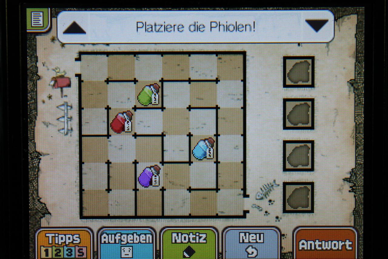 [13/11/2013] Professor Layton und das Vermächtnis von Aslant: Hier könnt ihr sehen, auf welchen Feldern sich die Tränke befinden müssen, um Rätsel 140: Hexenhilfe 2 zu beenden.