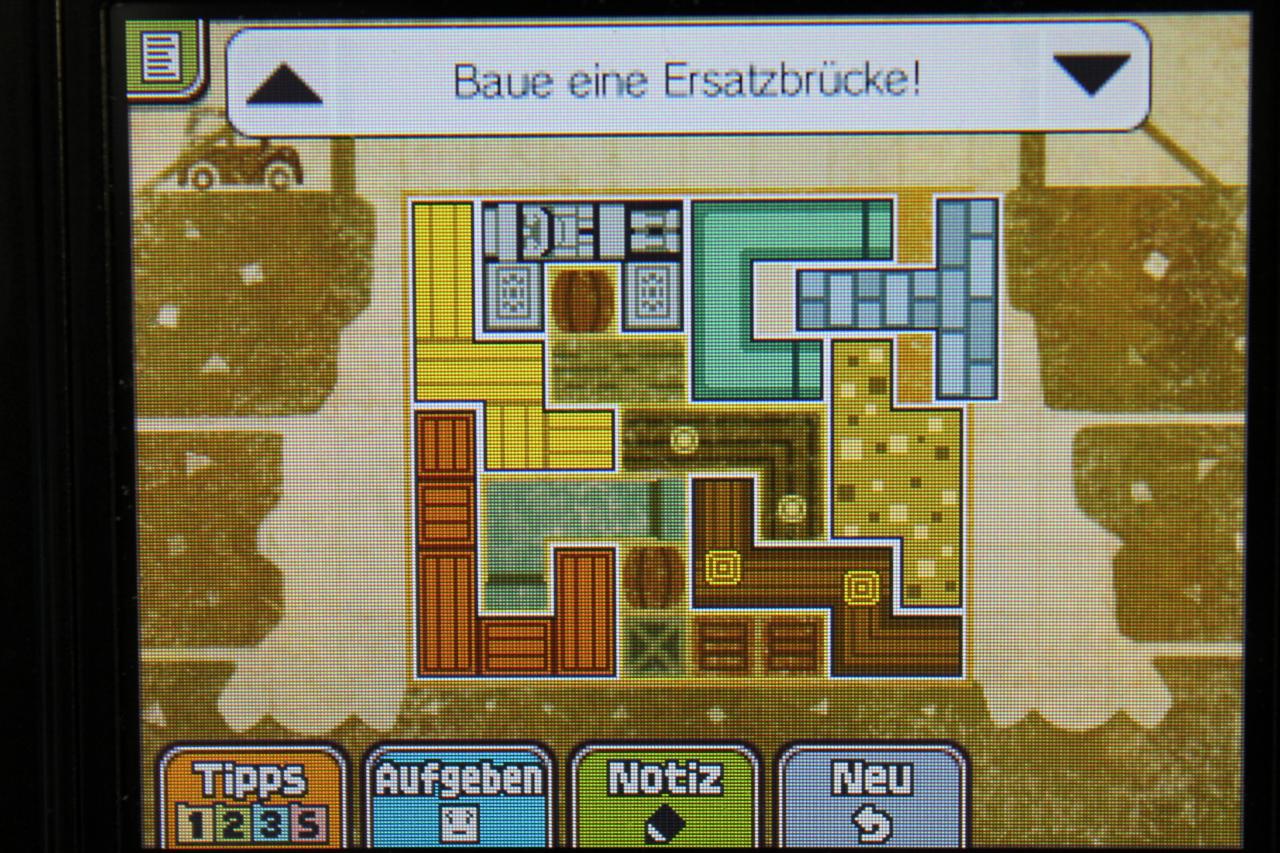 [13/11/2013] Professor Layton und das Vermächtnis von Aslant: Für Rätsel 095: Ersatzbrücke 2 müssen die Teile wie in der Grafik gezeigt angeordnet werden.