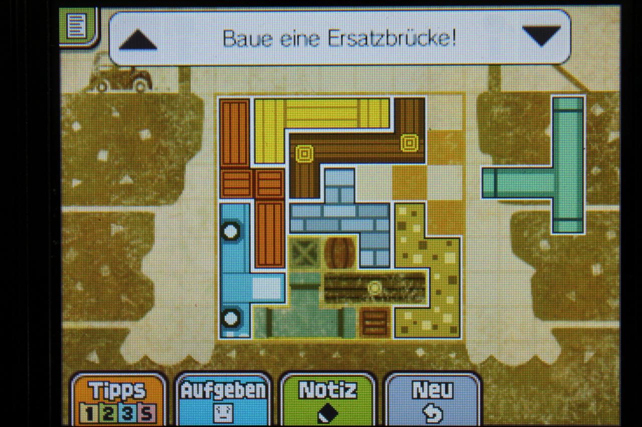 [13/11/2013] Professor Layton und das Vermächtnis von Aslant: Für Rätsel 102: Ersatzbrücke 3 müssen die Teile wie in der Grafik gezeigt angeordnet werden.