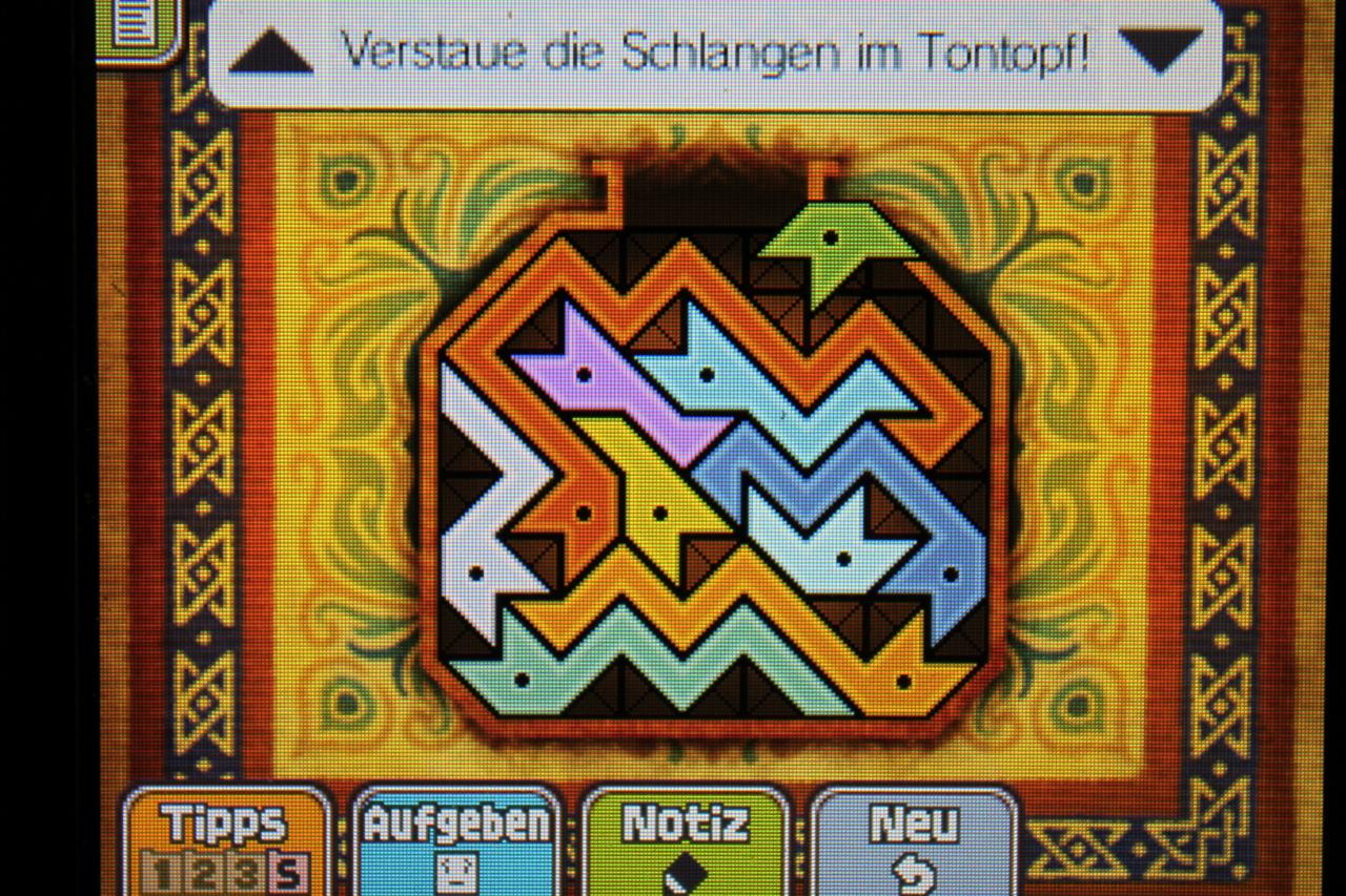 [11/11/2013] Professor Layton und das Vermächtnis von Aslant: Im Bild könnt ihr sehen, wie ihr die Schlangen für Rätsel 079: Schlangentopf platzieren müsst.