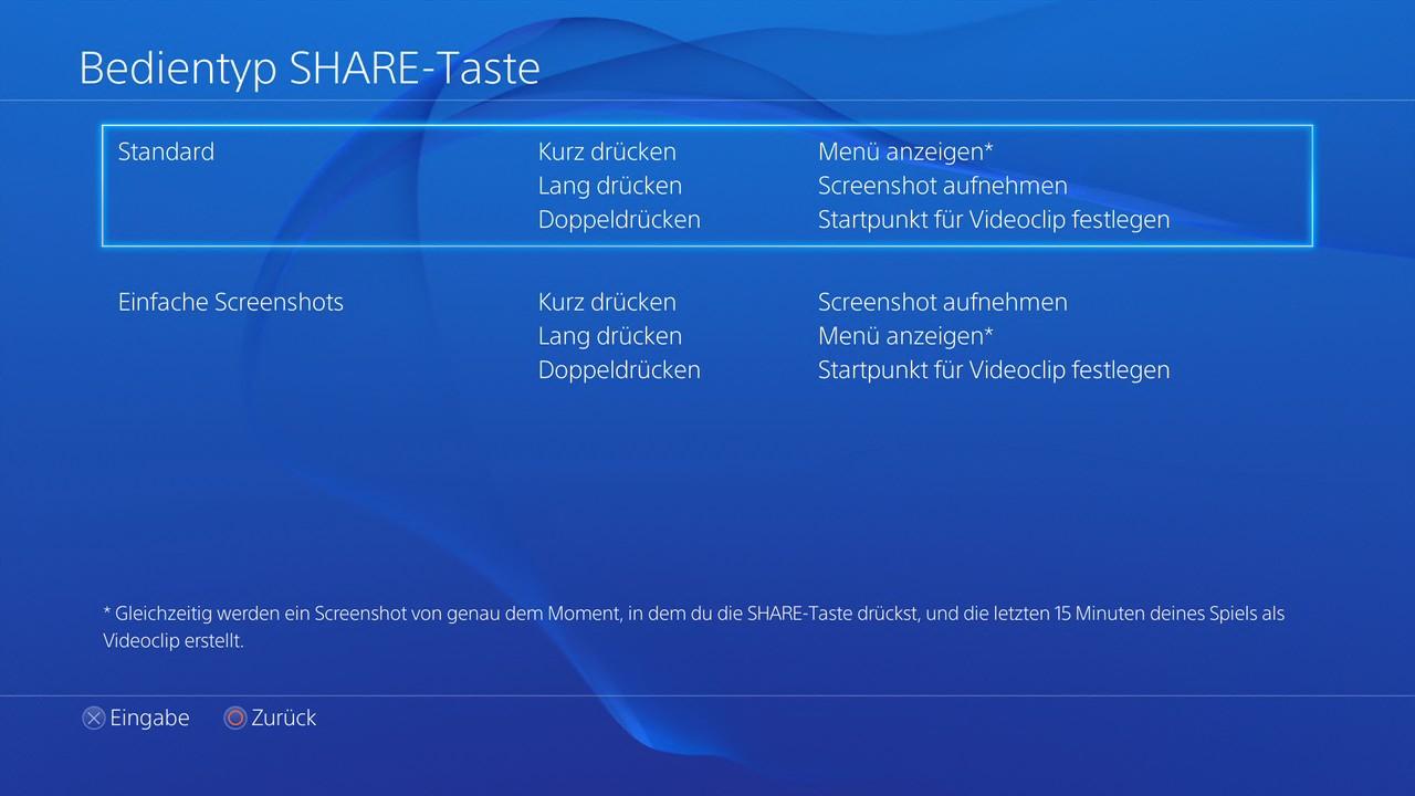 [21/11/2013] Im Share-Menü verbirgt sich die Option zum Einstellen verschiedener Bedientypen für die Share-Taste. Wer besonders bequem Screenshots machen will, nutzt die Alternativeinstellung. Das hilft, besonders gute Szenen zu 