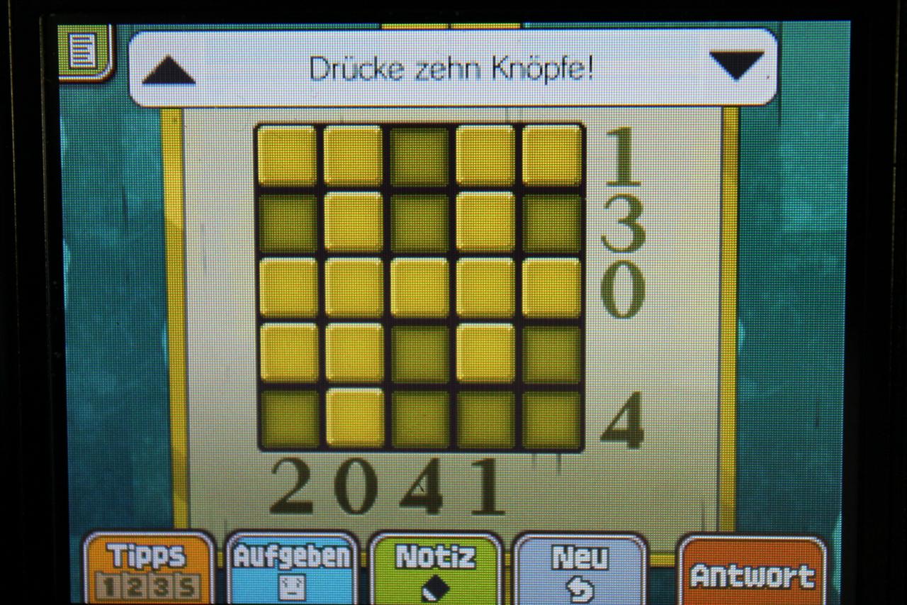 [13/11/2013] Professor Layton und das Vermächtnis von Aslant: So sieht die korrekte Lösung zu Rätsel 121: 10 Knöpfe aus.