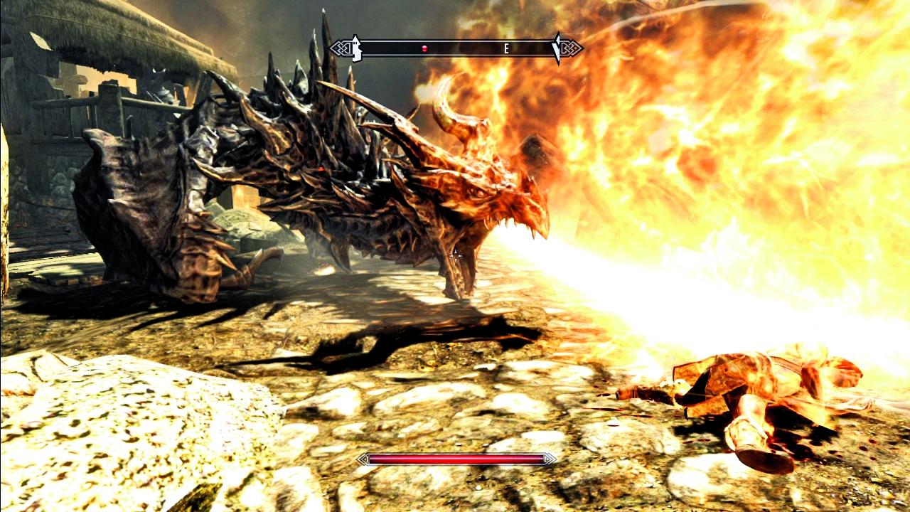 [28/11/2013] Bereits im Tutorial lässt Skyrim seine Muskeln spielen und inszeniert einen epischen Drachenangriff.