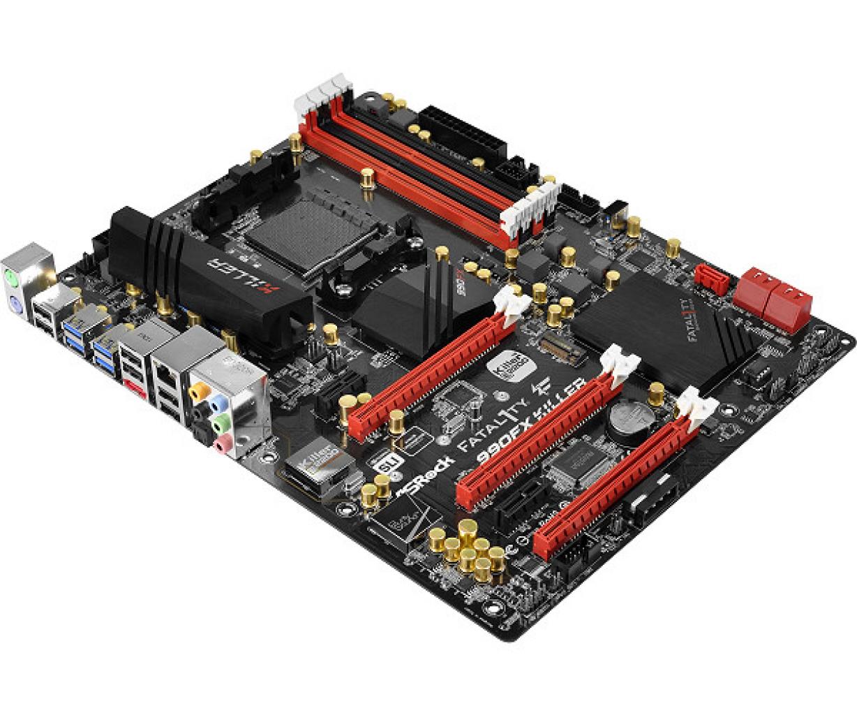 [12/12/2013] Beispiel ASRock Fatal1ty 990FX Killer: oben die vier RAM-Slots in rot und schwarz, direkt benachbart der quadratische CPU-Sockel. Links die zahlreichen Anschlüsse, die später an der Gehäuserückseite liegen.