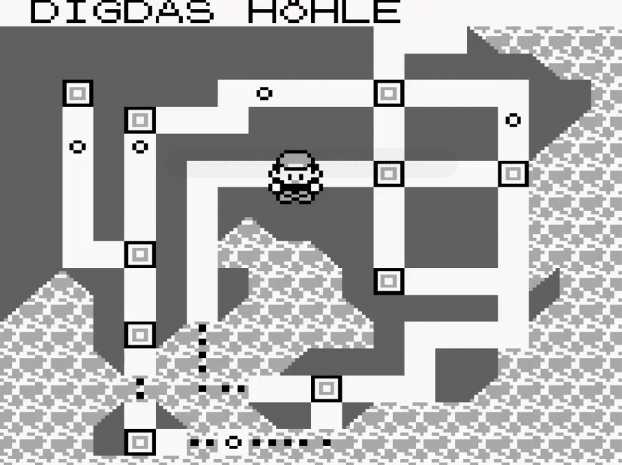 [04/12/2013] Geht einen Schritt nach unten. Öffnet nach Betätigung des Hinunter-Cursors den Startknopf des GameBoys, um das Menü aufzurufen. Dies muss geschehen, bevor das Ausrufezeichen, das im Normalfall vor einem Kampf erscheint, zu sehen ist.