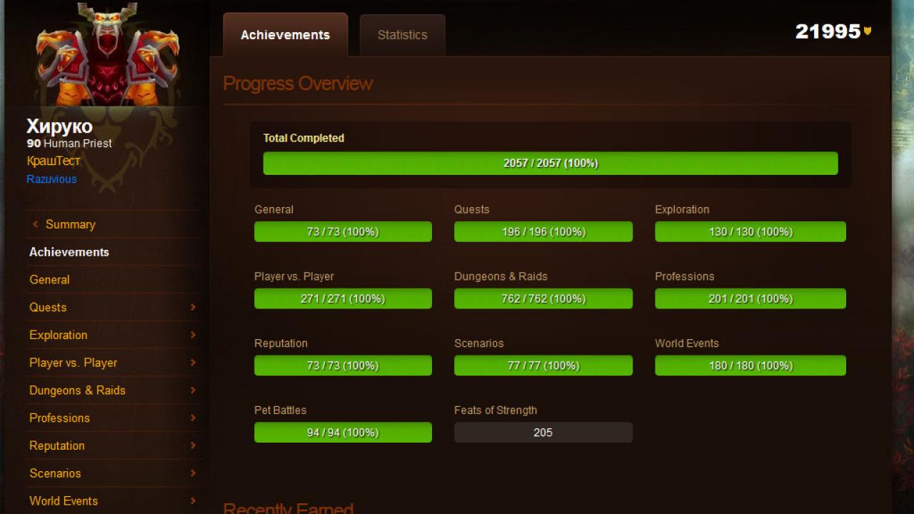 [24/04/2014] Wahnsinns-Leistung: Der Russe Хируко hat alle 2057 Achievements in World of Warcraft freigeschaltet.