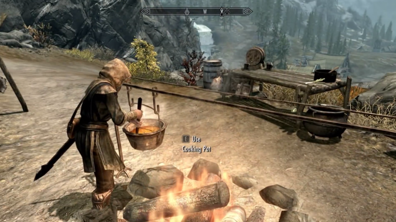 [07/07/2014] Als ob Skyrim uns nicht schon genug Unterhaltung bietet, können wir dort auch noch für unser leibliches Wohl sorgen. Mit verschiedenen, auf der Reise gesammelten Zutaten bereiten wir hier leckere Hausmannskost zu: Gegrilltes Ziegenbein, Kohleintopf oder Mammutbraten stehen ab jetzt auf der Speisekarte.