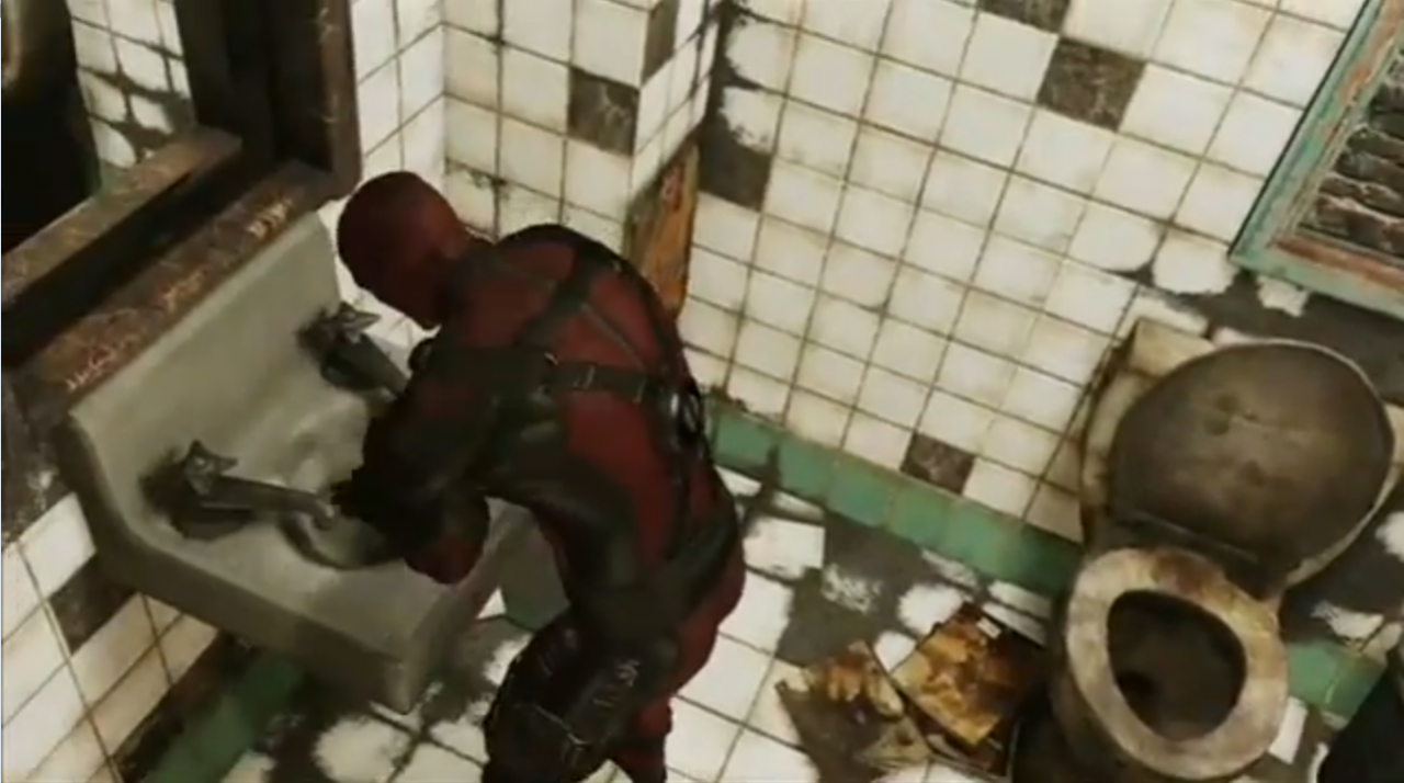 [14/10/2014] Um Kinderaugen vor dem Anblick fremder Extremitäten zu schützen, greifen Film- und Spielmacher oft zu einem einfachen Mittel: der schwarze Balken. Im Spiel Deadpool liefert dieser die perfekte Vorlage für einen gelungenen Gag! Der Protagonist ist der Ansicht, sein Balken sei zu kurz, um sein Geschlechtsteil vollständig zu überdecken. Deshalb zieht er ihn vor dem Toilettengang erstmal in die Länge. Manchmal kommt es eben doch auf die Größe an!