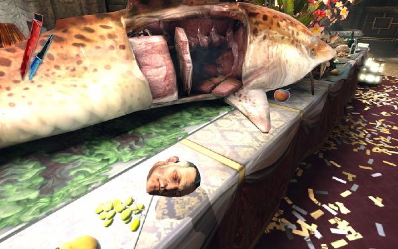 [10/10/2014] Ein etwas weniger konservativer Kadaver findet sich in Dishonored. Dieser liegt nicht einfach irgendwo in Dunwall auf der Straße, auch wenn da mit der Rattenplage und der kursierenden Krankheit genug Totes vor sich hingammelt, sondern auf einem Banketttisch!
