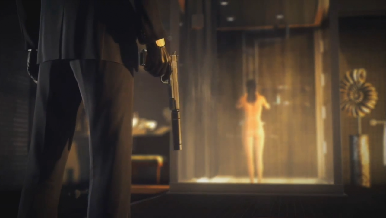[09/10/2014] Mit gezückter Pistole und dem Finger am Abzug konfrontieren Diana in Hitman: Absolution. Und zwar während sie eine heiße Dusche in einer zugegeben sehr stylischen Kabine genießt. Ein Lob an den Innenarchitekten!