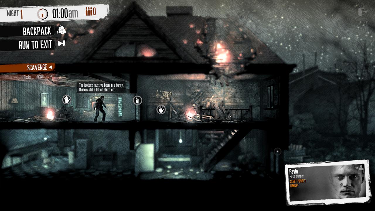 [31/10/2014] Um in This War Of Mine zu überleben, müsst ihr skrupellos sein. Um Rohstoffe und Nahrung zu finden, erkundet ihr Häuser in einem Kriegsgebiet. Manche sind verlassen und voller Schätze. Was tut ihr aber, wenn ein altes Ehepaar zwischen euch und lebenswichtigen Vorräten steht?