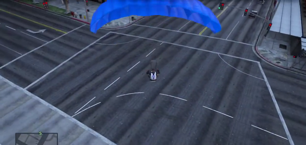 [06/11/2014] GTA 5 ist ein Spiel der praktisch unbegrenzten Möglichkeiten. So kann man sich natürlich auch einen Fallschirm zulegen und von hohen Gebäuden und aus Hubschraubern und Flugzeugen springen, um sie auszuprobieren.