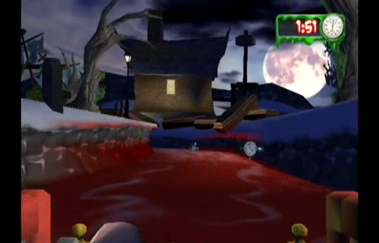 [06/11/2014] Goosebumps Horrorland ist ein nette Spielesammlung für die Wii. Darunter finden wir auch das Spiel Coffin Cruise, bei dem wir in einem Sarg sitzen und uns durch Hindernisse auf einem Fluss mit verdächtig roter Flüssigkeit rudern müssen.