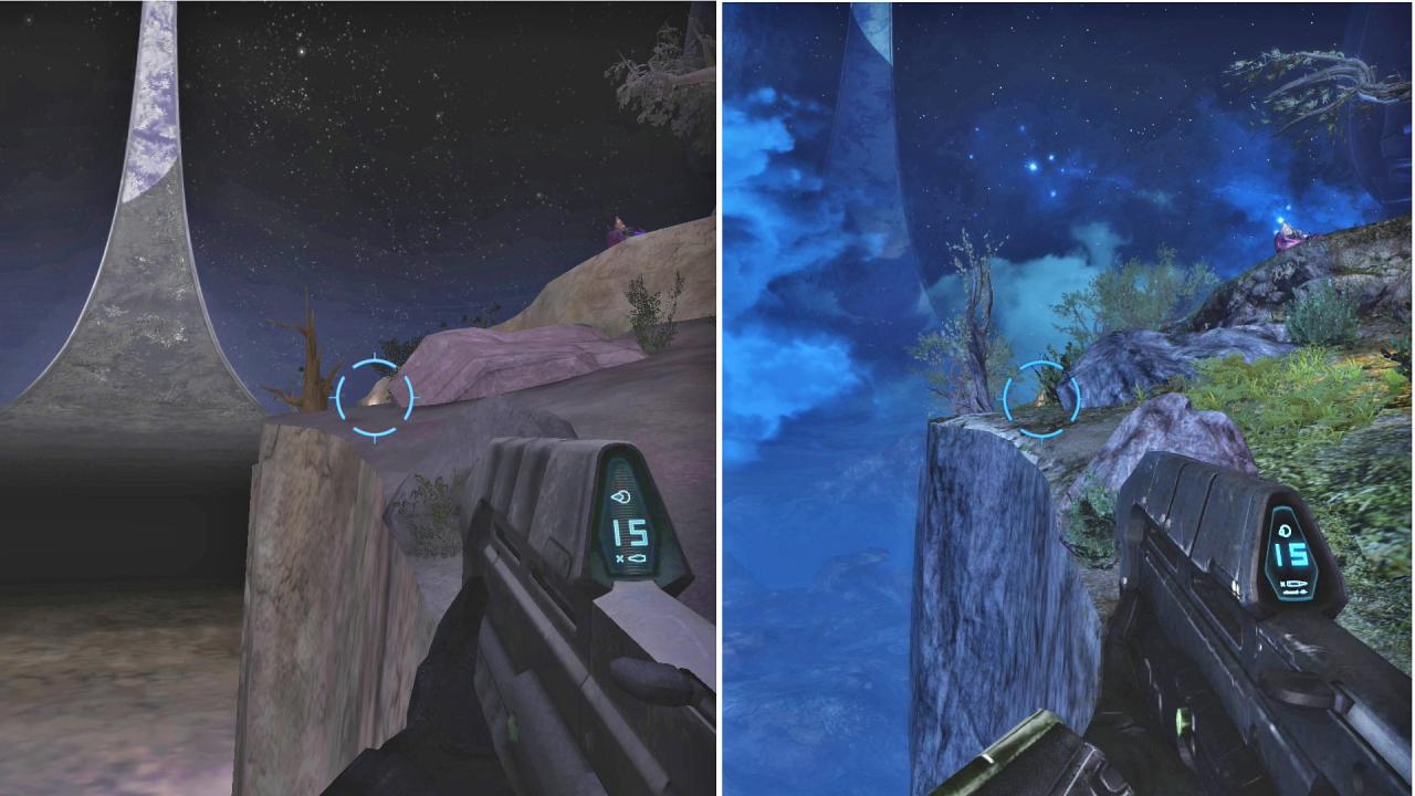 [06/11/2014] Lange ist's her: Die dreizehn Jahre, die das erste Halo nun schon auf dem Buckel hat, sieht man dem Spiel deutlich an. Hier im Vergleich zur überarbeiteten Version.
