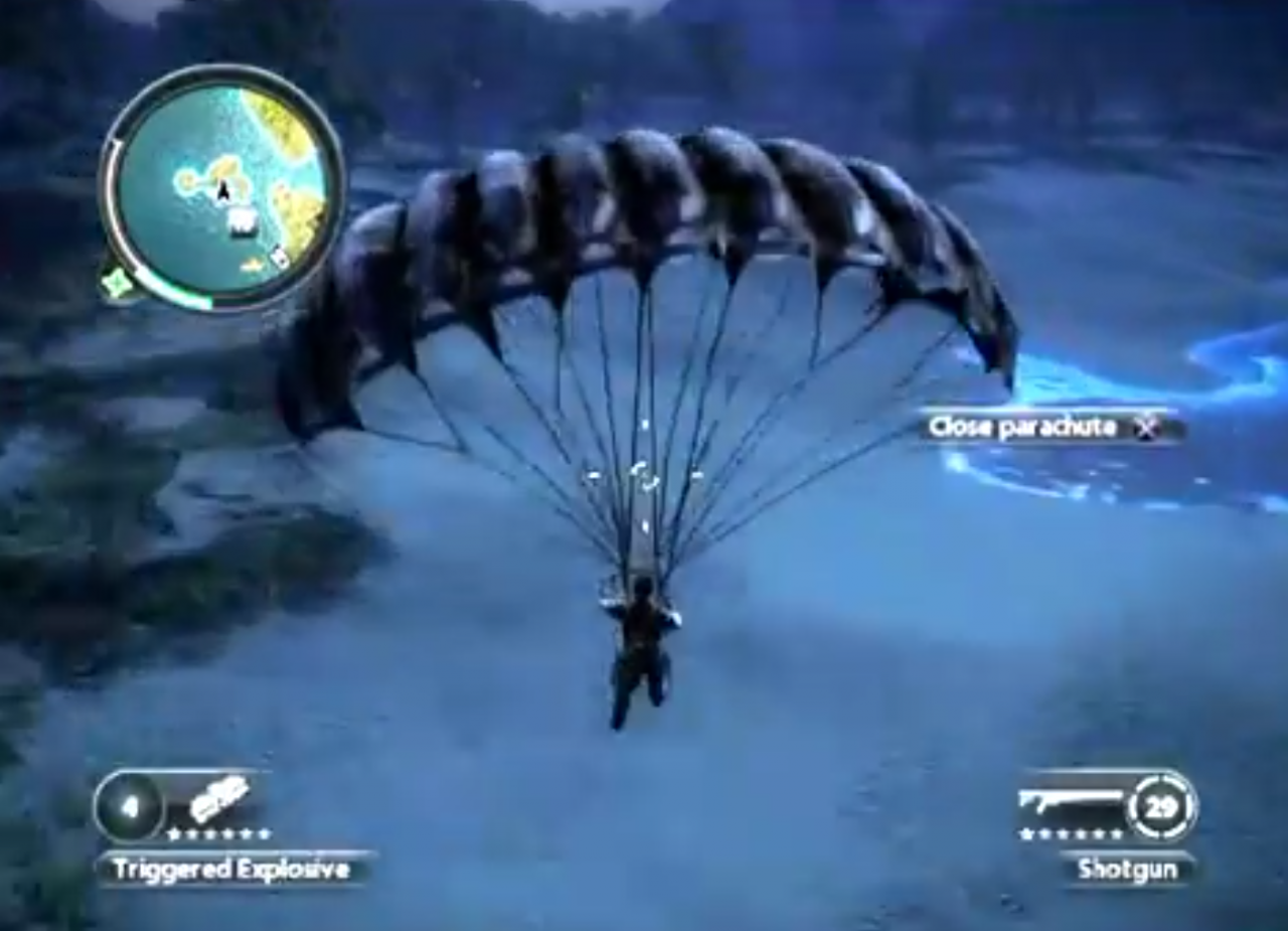 [06/11/2014] In Just Cause 2 genießen wir den unglaublich langen, freien Fall, wann immer wir aus einem Flugzeug springen. Die Landschaft hoch am Himmel ist wirklich schön anzusehen. Irgendwann kommt jedoch der Moment, die Leine des Fallschirms zu ziehen, damit wir nicht auf der Erde zermatschen.