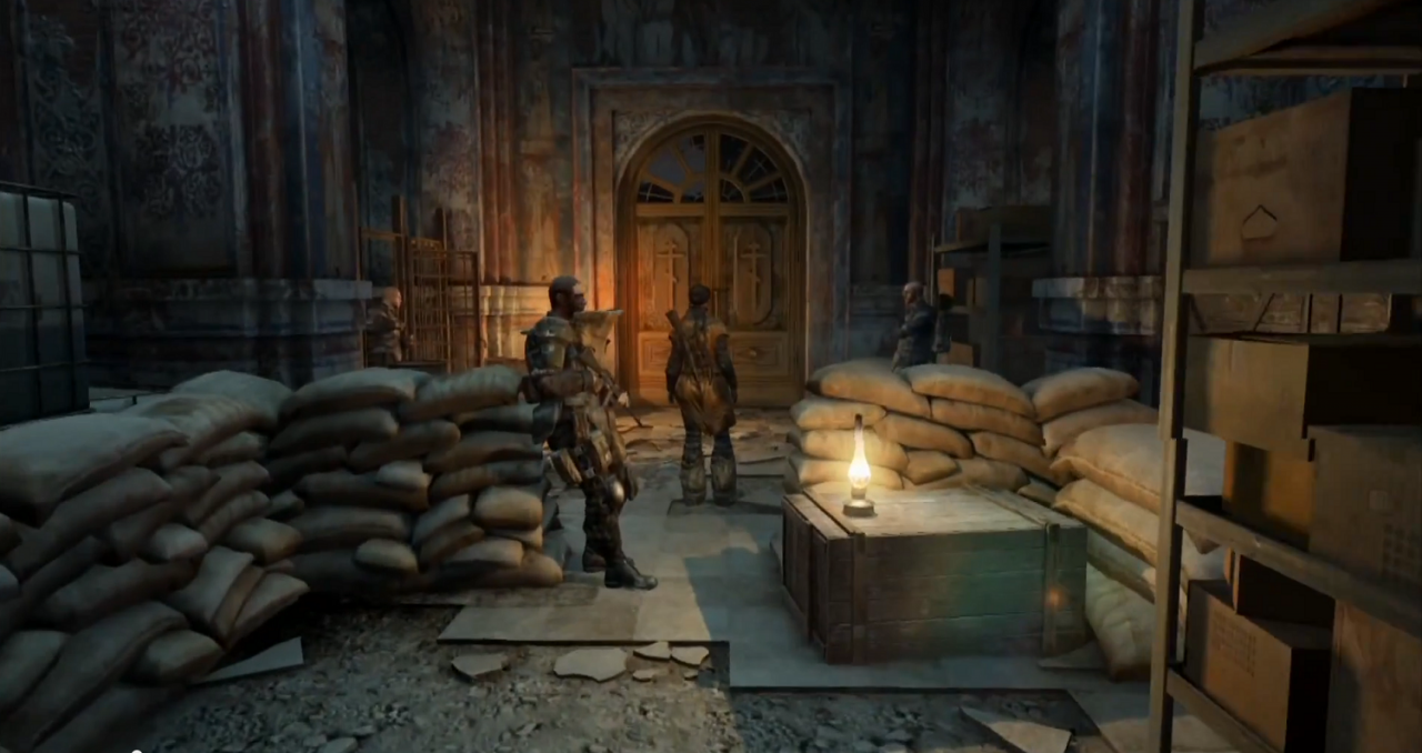 [06/11/2014] In Metro: Last Light nutzen die Rangers eine verlassene Kirche als Rückzugsort. Aus diesem Grund ist vom üblichen Aussehen kaum noch etwas zu erkennen - überall stapeln sich Sandsäcke und Kisten.