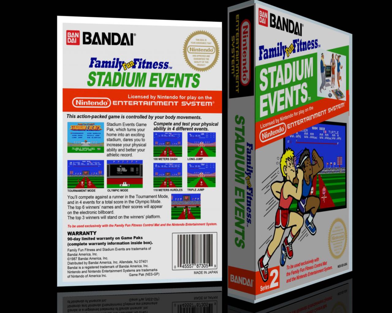 [18/12/2014] Stadium Events wurde von Bandai publiziert und dazu gehörte eine spezielle Fitness-Matte. Die Rechte an diesem Spiel sicherte sich dann jedoch Nintendo und veröffentlichte es unter einem neuen Titel. Um die Konsumenten jedoch nicht zu verwirren, ließ der Publisher-Riese alle Exemplare von Stadium Events vernichten. Bis auf 200 bereits verkaufte Exemplare. Je nach Zustand und Vollständigkeit der Verpackung legt ihr dafür schon zwischen 13.000 und 41.000 US-Dollar hin.