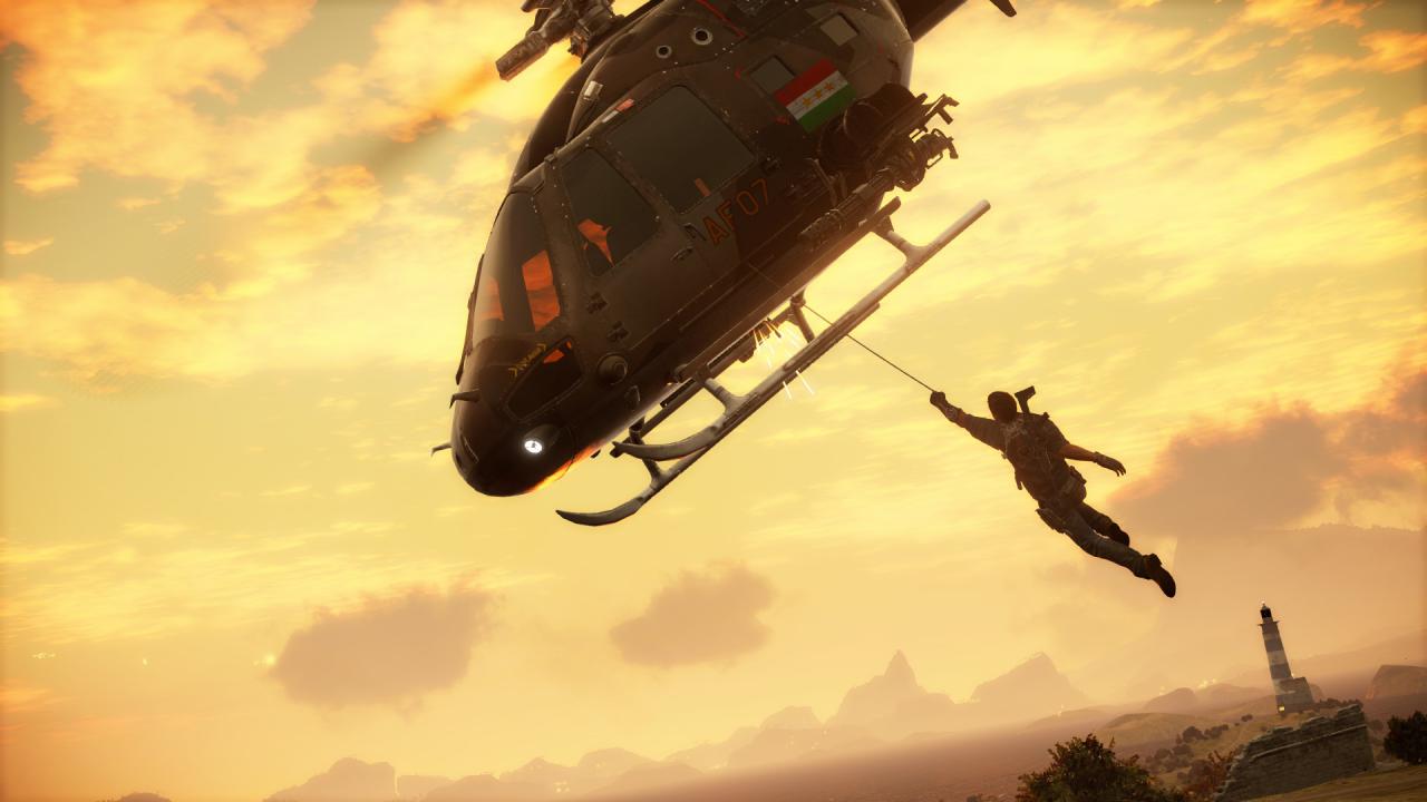 [12/12/2014] Abhängen - In Abwesenheit eines öffentlichen Verkehrsnetzes müsst ihr in Just Cause 3 nach anderen Beförderungsmethoden suchen, um schnell von A nach B zu gelangen. Die wohl lässigste Lösung ist es, sich per Greifhaken an einen feindlichen oder verbündeten Helikopter zu hängen. Wer besonders faul ist, hakt sein Cabriolet ein und lässt sich samt seinem Lieblingsauto über die Insel chauffieren. So reist man mit Stil!