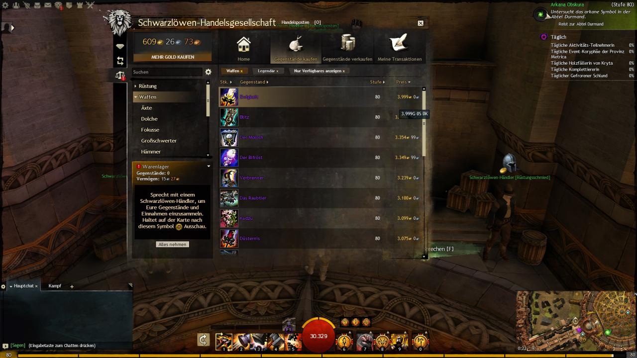 [28/01/2015] Spannende Gefechte, atemberaubende Grafik... gibt's auch in Guild Wars 2, aber nicht beim Handelsagenten. Die Oberfläche ist nicht schön, der Umgang damit aber sehr lukrativ. Billig ein- und teuer verkaufen sind der Weg zum Reichtum in Tyria. Legendäre Waffen sind handelbar - die Wirtschaftsbonzen daher meist sehr gut equipped, auch wenn ihre Waffen kaum Feindkontakt haben.