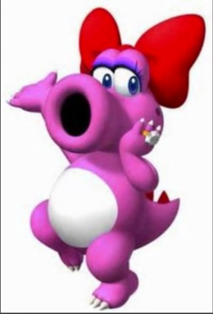 [04/02/2015] Das ist Birdo. Damit Mario keine Frauen schlagen muss, ist Birdo eine transsexuelle Echse, die mit dem Rüssel Eier legt. Ja, das gibt dem Ausdruck 