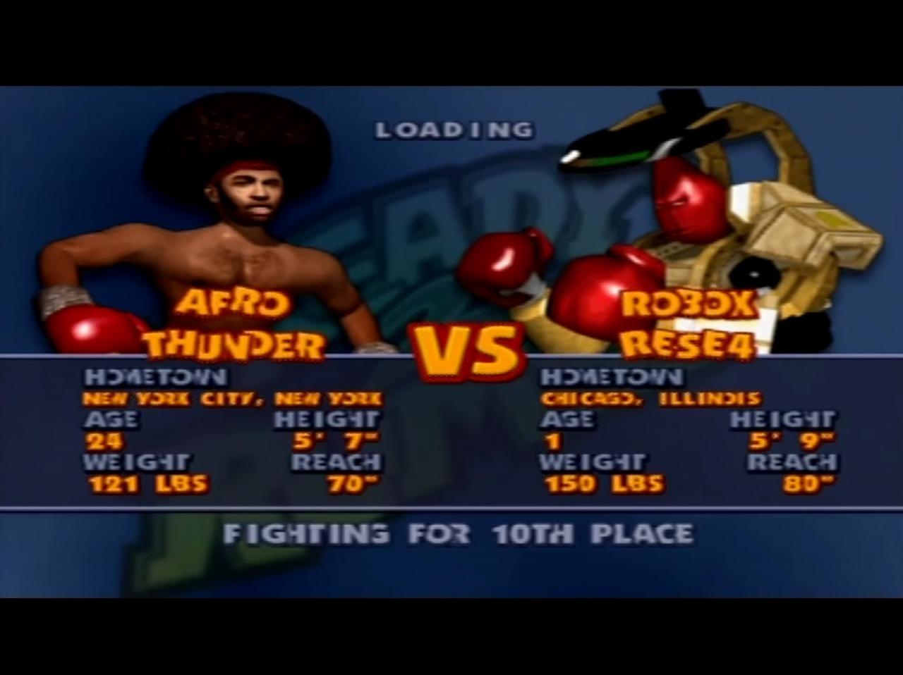 [04/02/2015] Sehr kreativ war Ready 2 Rumble Boxing: Round Two mit dem Namen beim afro-amerikanischen Boxer nicht: Afro Thunder. Im amerikanischen Slang wird diese Bezeichnung jedoch auch für Menschen gebraucht, die einen coolen Afro ihr Eigen nennen. Würde man in Deutschland nach solch einer Frisur fragen, damit man den Spitznamen 