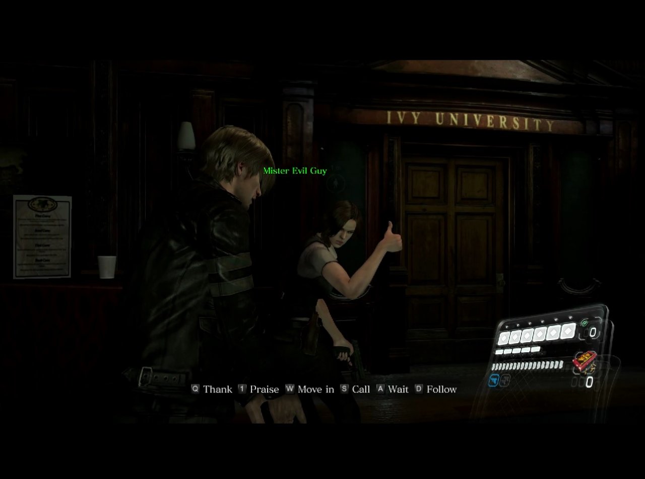 [19/02/2015] Und noch ein Titel aus der Resident-Evil Reihe findet sich auf dieser Liste, diesmal Resident Evil 6. Hier gibt es die Möglichkeit, den Partner im Spiel mit einem Knopfdruck zu loben oder ihm zu danken. Die Bewegungen werden jedoch so seltsam ausgeführt, dass das Ganze einfach nur urkomisch ausschaut und zum Schreien ist.