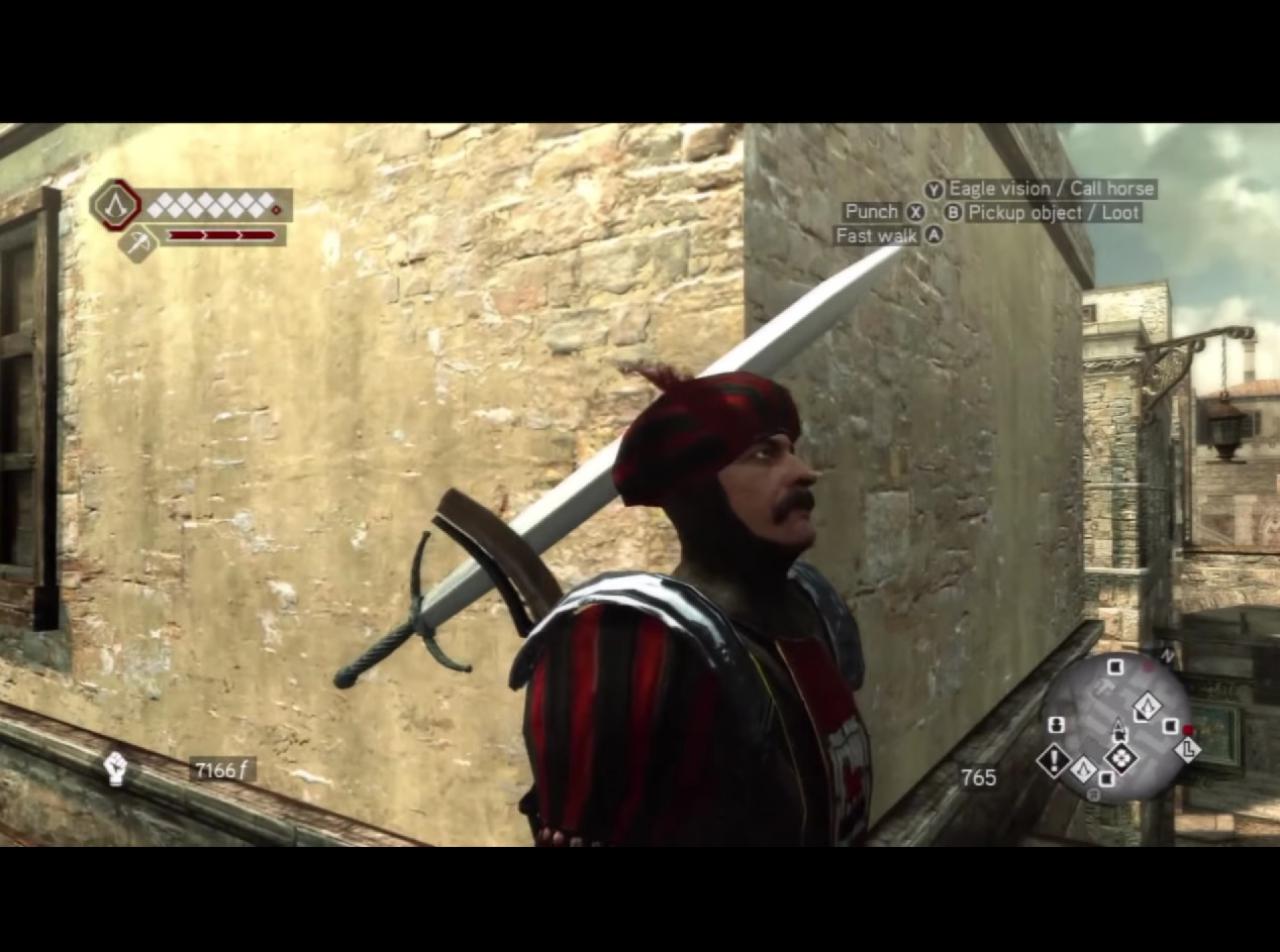 [27/03/2015] Assassin's Creed: Brotherhood. Monsieur, Sie haben da etwas... nein, Sie sind nicht plötzlich zu einem Einhorn mutiert. Besonders gesund kann das Schwert im Kopf des Herren bestimmt nicht sein.