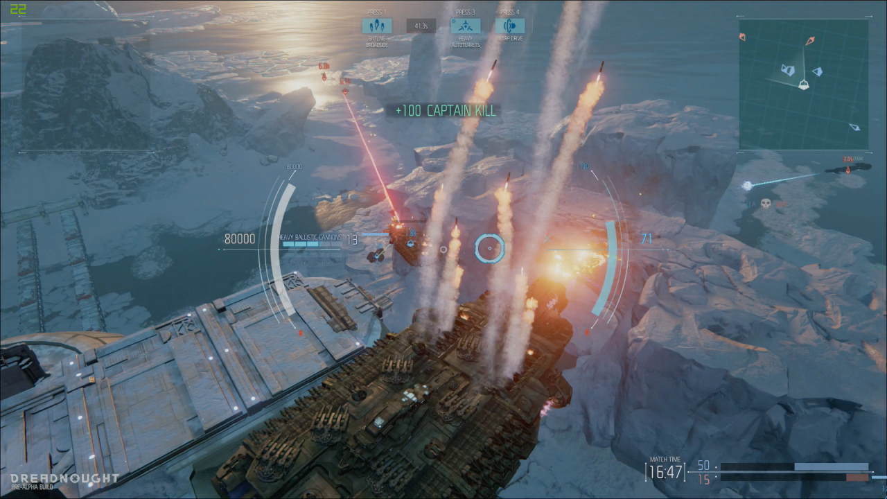 [13/03/2015] Dreadnought: Wenn man eine Raketensalve startet, wird das eindrucksvoll inszeniert. Animierte Mündungsklappen und Rauchschwaden sorgen für eine gute Atmosphäre.