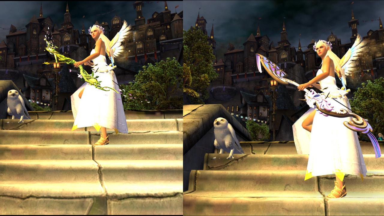 [30/03/2015] Kudzu (links) und Der Träumer aus Guild Wars 2: Zwei legendäre Bögen gehören zum Arsenal von Tyrias Helden. Und wie bei legendären Waffen so üblich, ist die Konstruktion sehr aufwändig. Bei Kudzu könnte man leicht den Eindruck gewinnen, die Waffe sei natürlich gewachsen. Das macht Kudzu beim Pflanzenvolk der Sylvari sehr beliebt. Läuft der Charakter mit gezogener Waffe, wachsen Blumen in seinen Fußstapfen. Der Träumer wirkt, wie der Name schon sagt, etwas verträumt. Die Pfeile, die diese Waffe verschießt, nehmen die Form von Einhornköpfen an. Die Spuren des Charakters schillern in Regenbogenfarben.