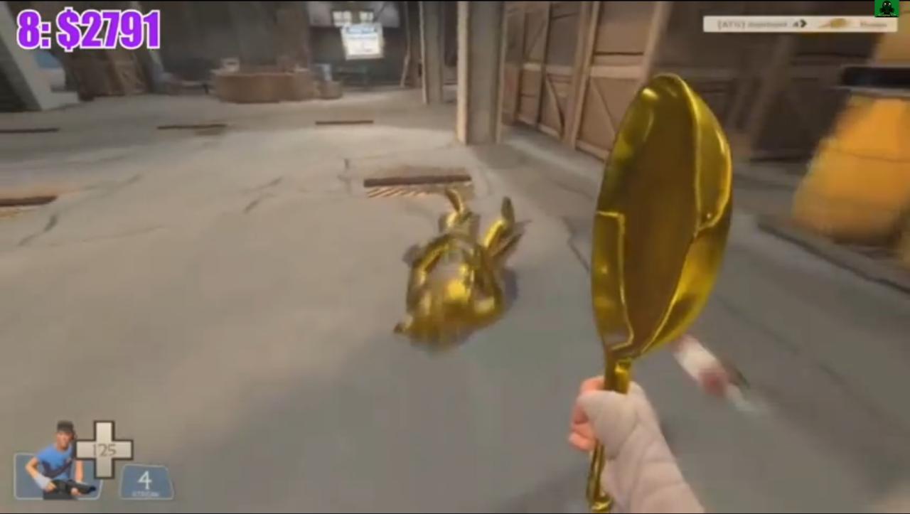[12/03/2015] Ja, was ihr hier seht, ist tatsächlich eine Goldene Bratpfanne. In Team Fortress 2 ein äußerst seltener und kostbarer Gegenstand, der mit sehr viel Glück gefunden oder mit sehr viel Geld von anderen Spielern erworben werden kann. Die seltsame Waffe verwandelt besiegte Gegner in Gold-Statuen und zählt die Frags des Besitzers. Sie verursacht aber nicht mehr Schaden als eine gewöhnliche Nahkampfwaffe. Wer damit eine Spur aus Gold-Statuen zurücklässt, verfügt also nicht nur über Glück, sondern hat wirklich was auf der Pfanne! Wer sich nicht auf sein Glück verlassen will, muss rund 2400 US-Dollar locker machen.