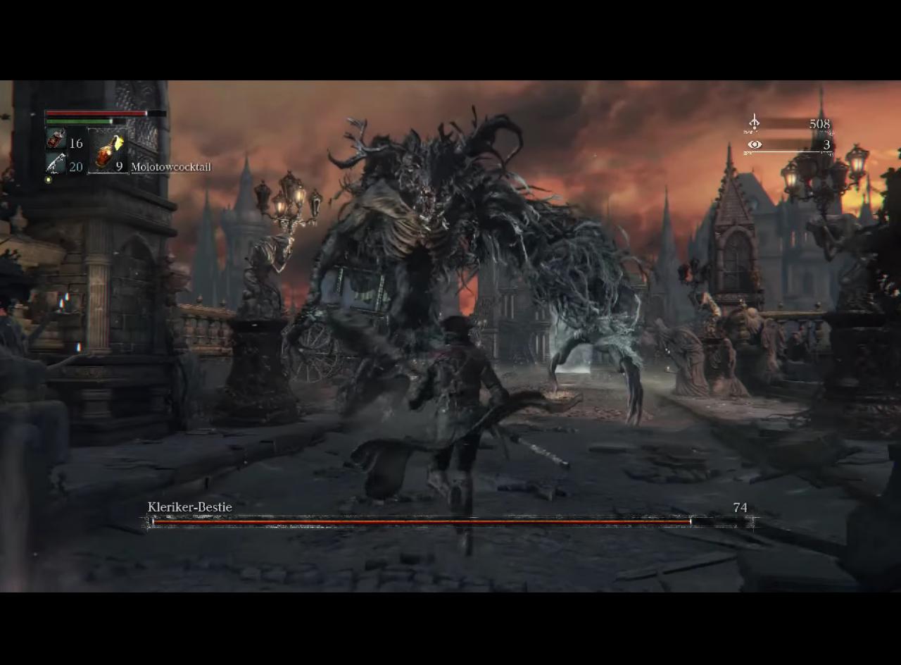[14/04/2015] User [Zen] machte uns auf die Bestien in Bloodborne aufmerksam. Und die sehen tatsächlich faszinierend aus! So zum Beispiel die Kleriker-Bestie, die der erste Boss im Spiel ist. Dieser Bestie begegnet ihr auf einer Brücke in Yharnam. Die monumentale Statur, die riesige Pranke sowie der düstere Gesamt-Look lassen Spieler regelrecht erstarren.