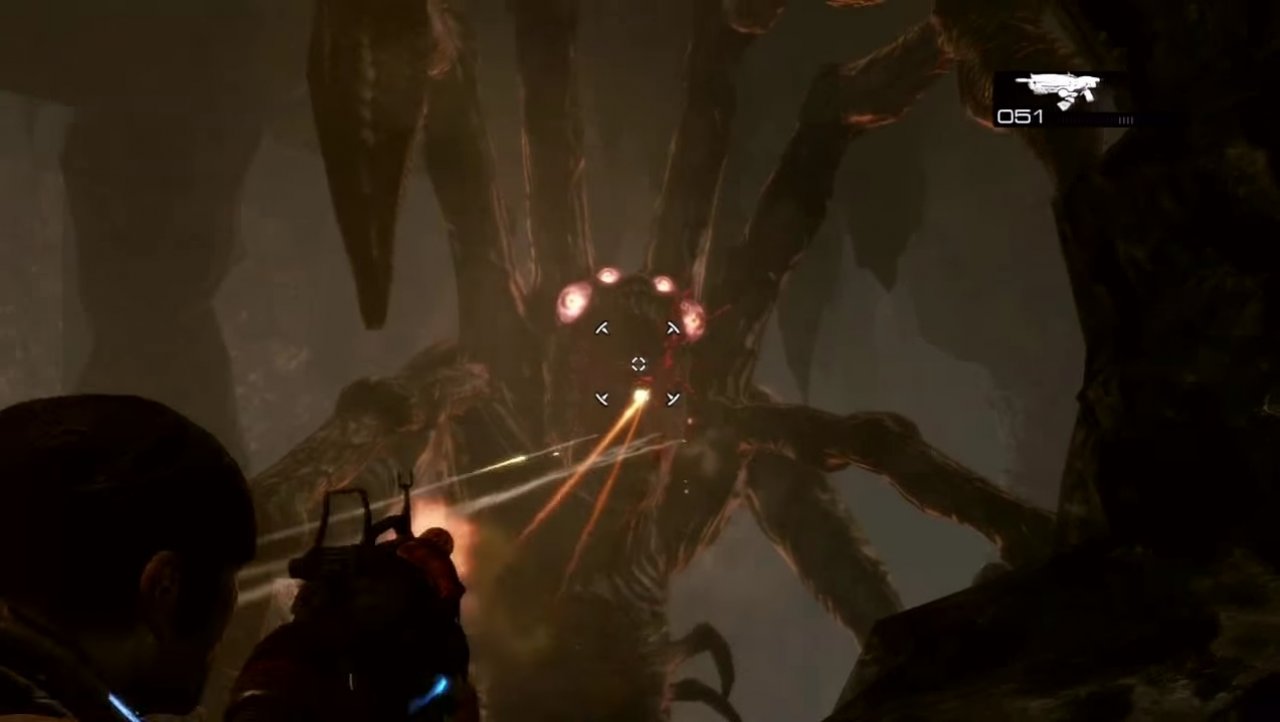 [20/05/2015] In Gears of War 3 rücken wir dem gigantischen Mother Corpser zu Leibe. Die Locust-Bestie ist allerdings weniger erfreut über unseren Besuch und schickt uns ihre Brut auf den Hals. Zwar prallen unsere Geschosse am Panzer des Mother Corpser ab, seine leuchtenden Augen geben allerdings hervorragende Ziele ab. Danke für den Tipp Heckinator!