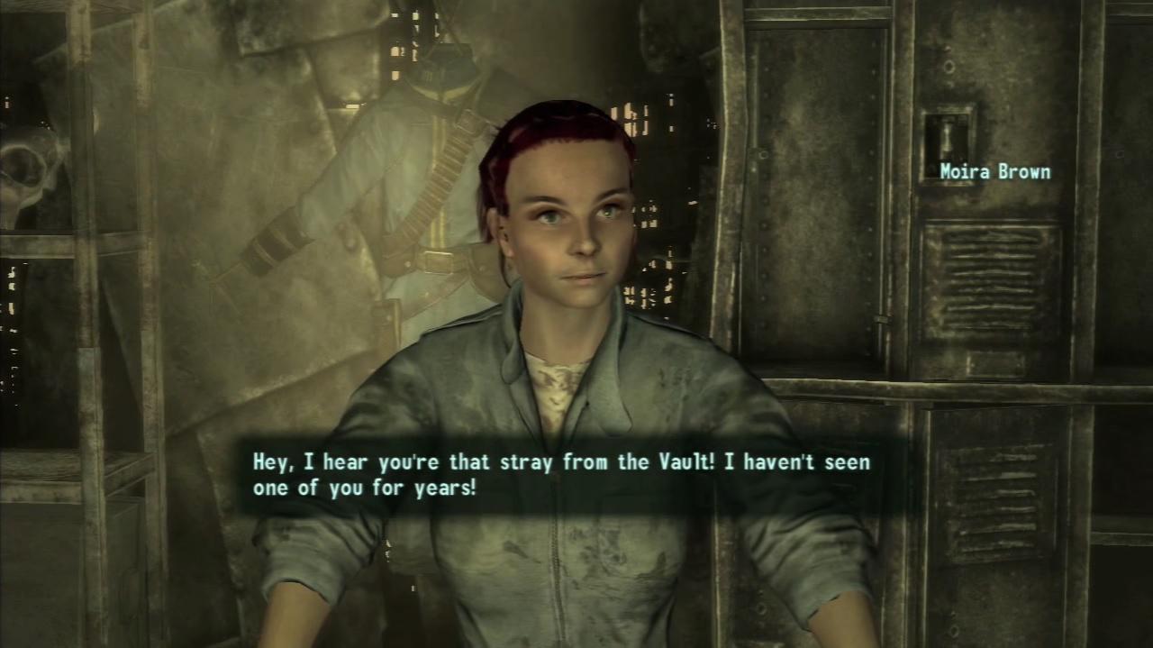 [07/05/2015] Die zweite Moira auf dieser Liste stammt ebenfalls aus einem Bethesda-Titel. In Fallout 3 gehört Moira Brown ein Laden in der Stadt Megaton. Dort könnt ihr einige Quests von ihr annehmen: Um ein Überlebenshandbuch schreiben zu können, benutzt Moira euch als Versuchskaninchen für ihre Strahlungs-Tests und schickt euch in ein Minenfeld. Vielen Dank für den Tipp Mezha!