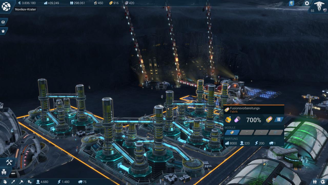 [02/11/2015] Anno 2205: Fusionszellen brauchen wir, um später das passende Kraftwerk auf dem Mond zu beliefern. Neben Helium 3, das wir auf dem Mond abbauen, benötigen wir dafür auch Deuterium, das wir aus der Arktis per Handelsrout rankarren müssen.