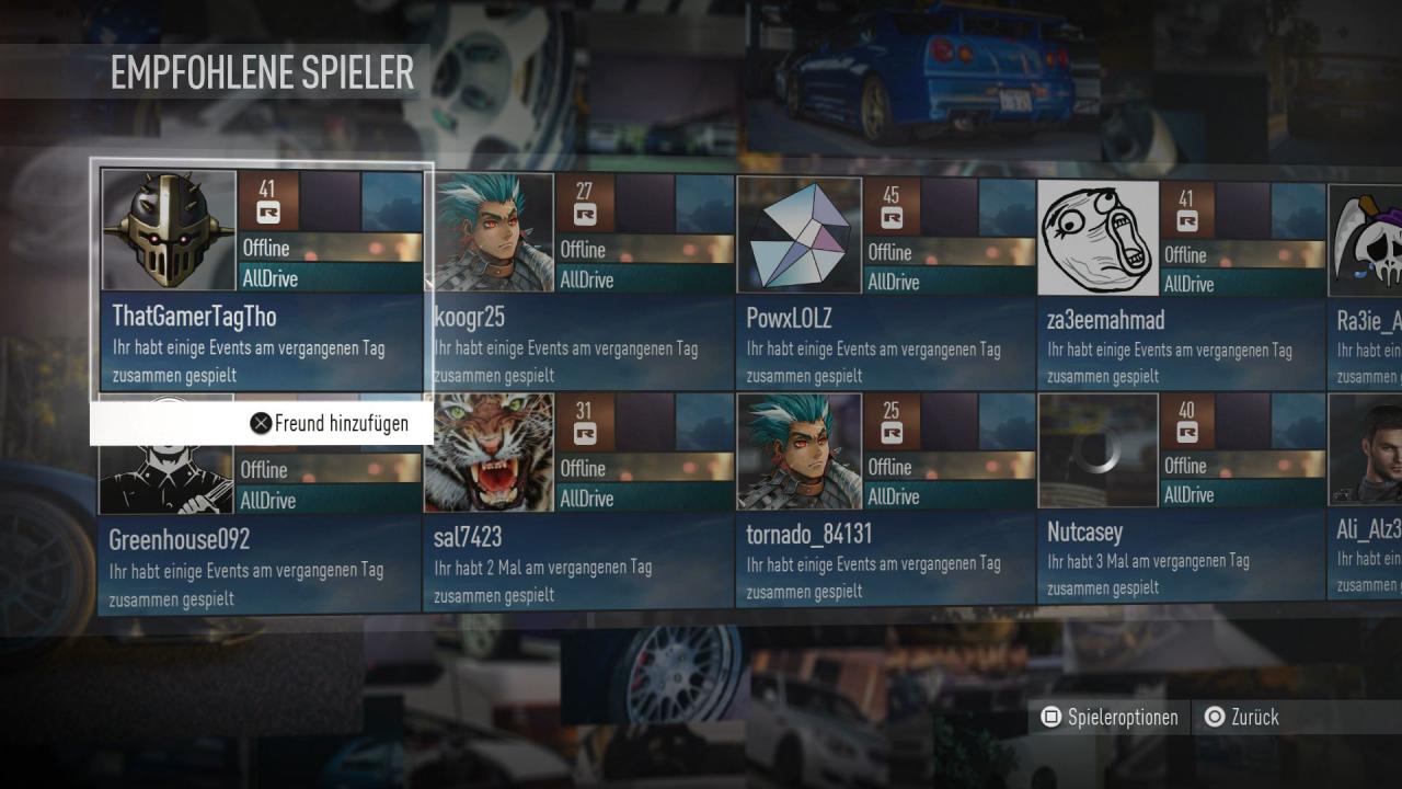 [13/11/2015] Auf Wunsch schlägt euch Need for Speed andere Spieler vor, die ihr dann in eure Freundesliste und Crew einladen könnt.