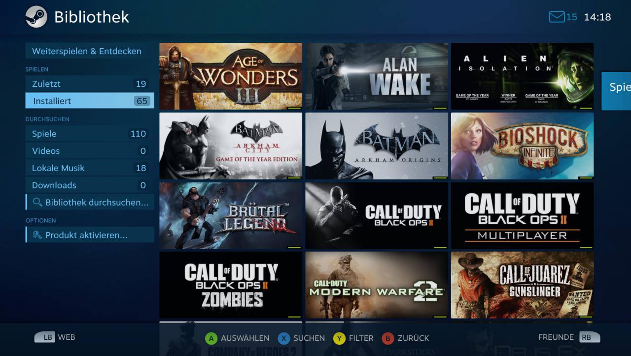 [19/11/2015] Steams unter Windows per Controller bedienbarer Big Picture-Modus