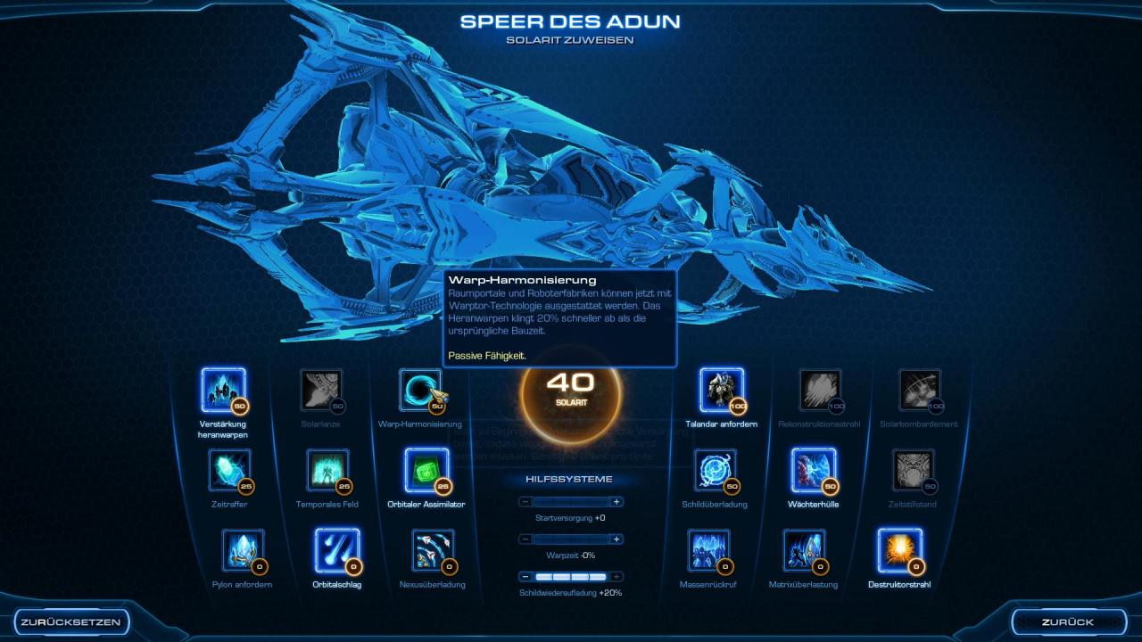 [13/11/2015] Waffensysteme online: Das Flaggschiff der Protoss lässt sich verbessern. Mit dem Rohstoff Solarit schalten wir nach und nach aktive und passive Fähigkeiten frei.