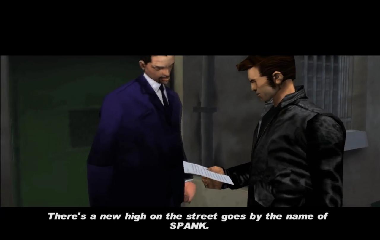 [11/12/2015] Spank wird zum ersten Mal in der Don't-spank-my-bitch-up-Mission in GTA 3 erwähnt. Der Stoff besteht aus weißem Pulver und beeinträchtigt die geistige Gesundheit der Konsumenten.