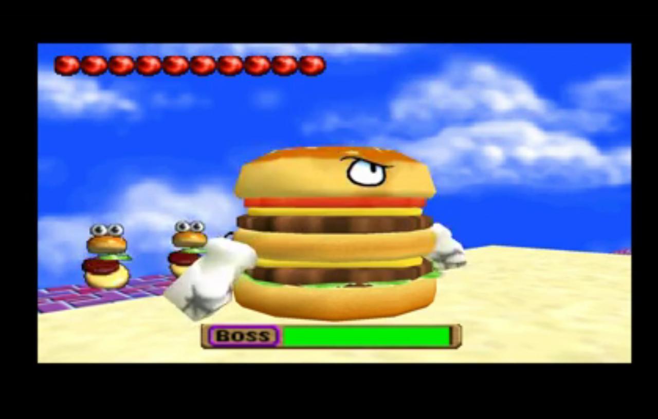 [18/01/2016] Der Burger-Bossgegner aus Chameleon Twist 2 sieht zwar lecker aus, ist aber ein schlagkräftiger Widersacher. Er schießt seinen Feinden die einzelnen Teile seines Hamburger-Körpers entgegen, um sie von der Plattform zu drängen.