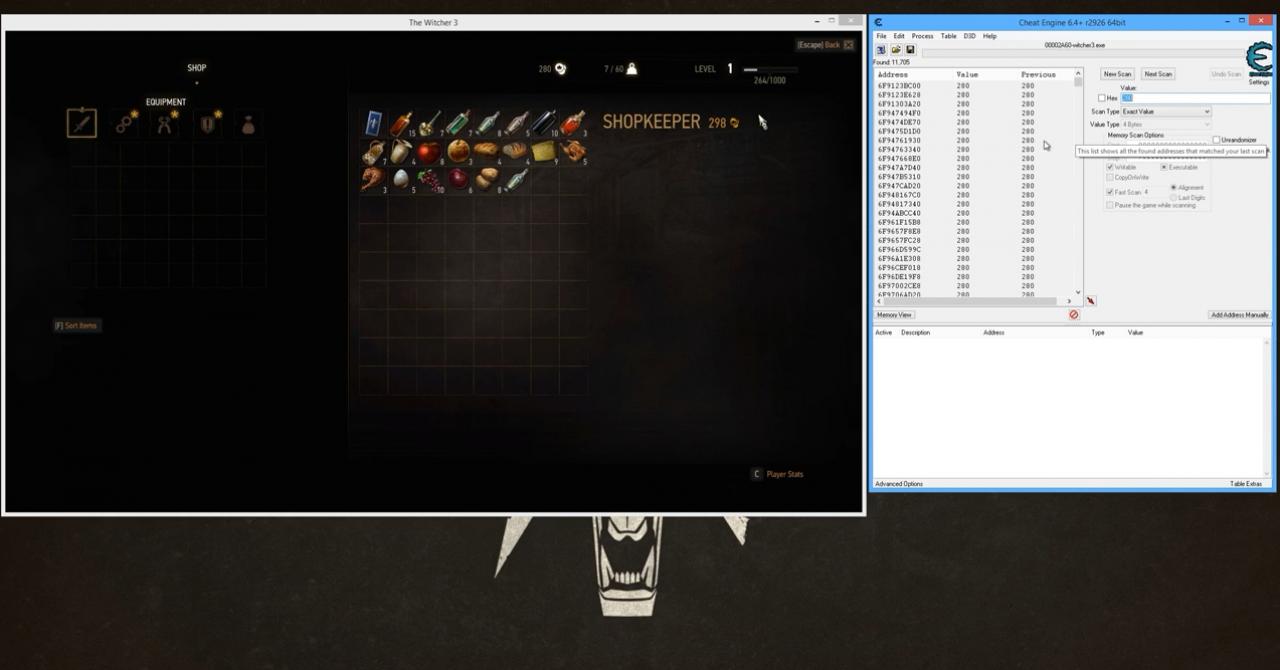 [24/02/2016] In The Witcher 3 funktioniert Cheat Engine in Sachen endlos Gold ebenfalls.