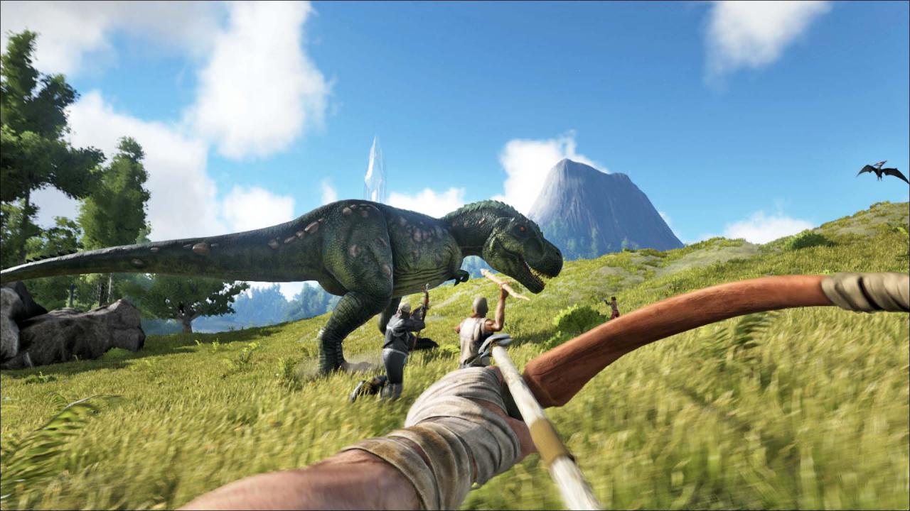 Drei Spieler kämpfen gegen einen Tyrannosaurus Rex.