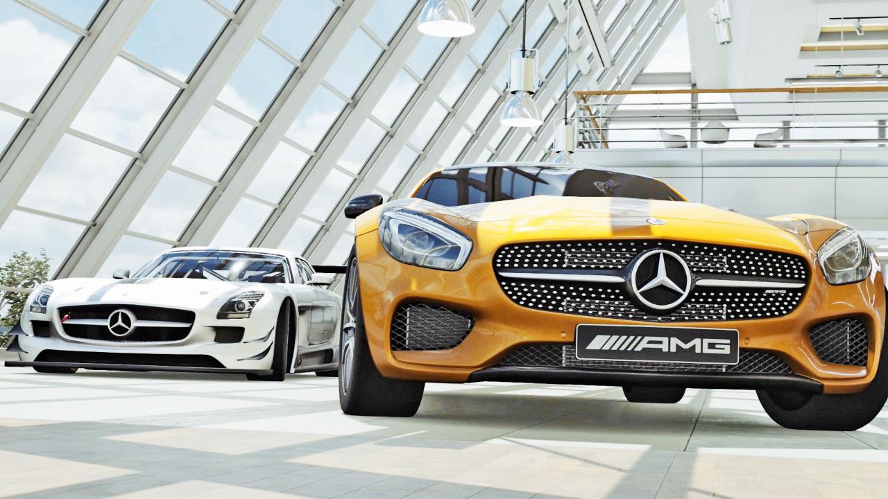 [14/03/2016] Sternstunde: Yamauchi ist Mercedes-Fan, der SLS AMG (links im Bild) zierte das GT 5 -Cover. Nachfolger des SLS ist der AMG GT (rechts). (PS4)