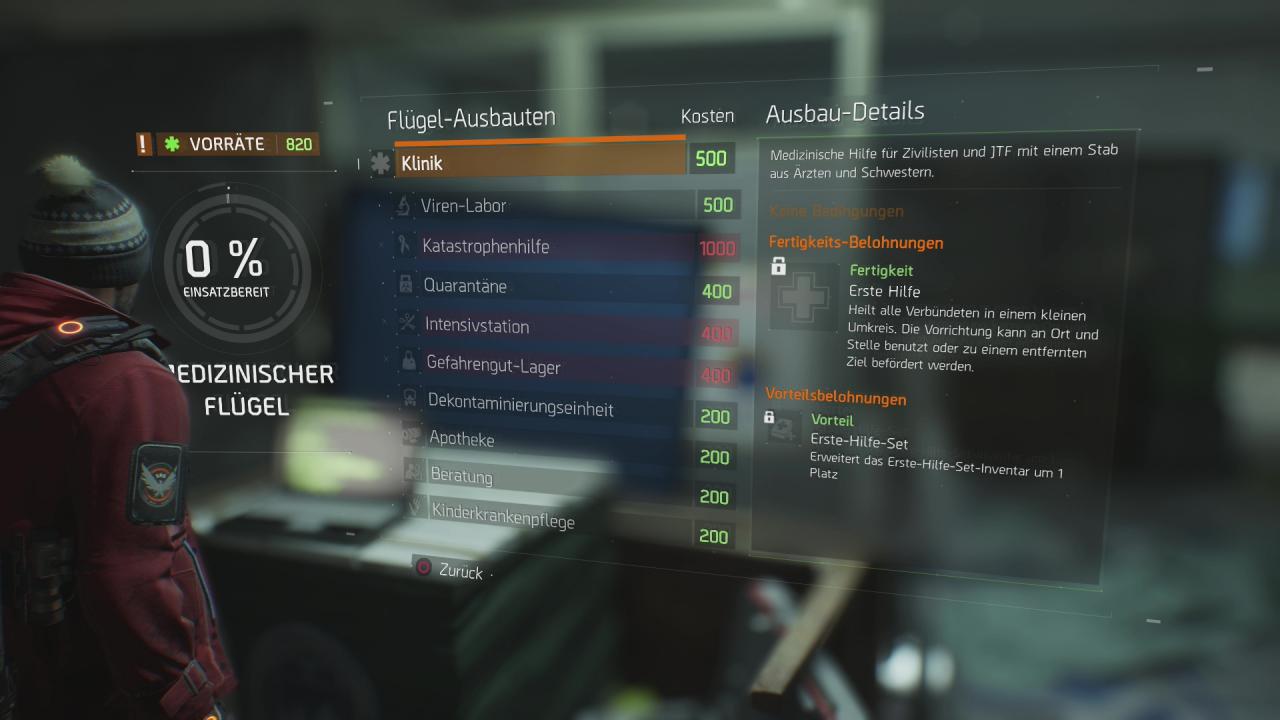 Status des Ausbaufortschrits im Medizin-Flügel der Operationsbasis von The Division in Manhattan.