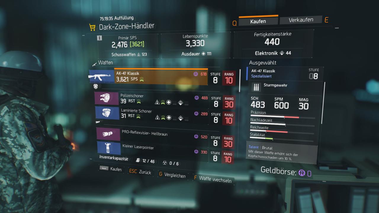 [08/03/2016] Der Dark Zone Händler will nur Dark Zone-Währung. Dafür müsst ihr einige Zeit in der PvP-Zone verbringen.